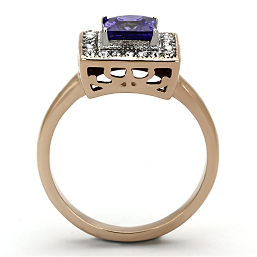 Two-Tone IP Rose Gold Stainless Steel Ring with AAA Grade CZ in Tanzanite