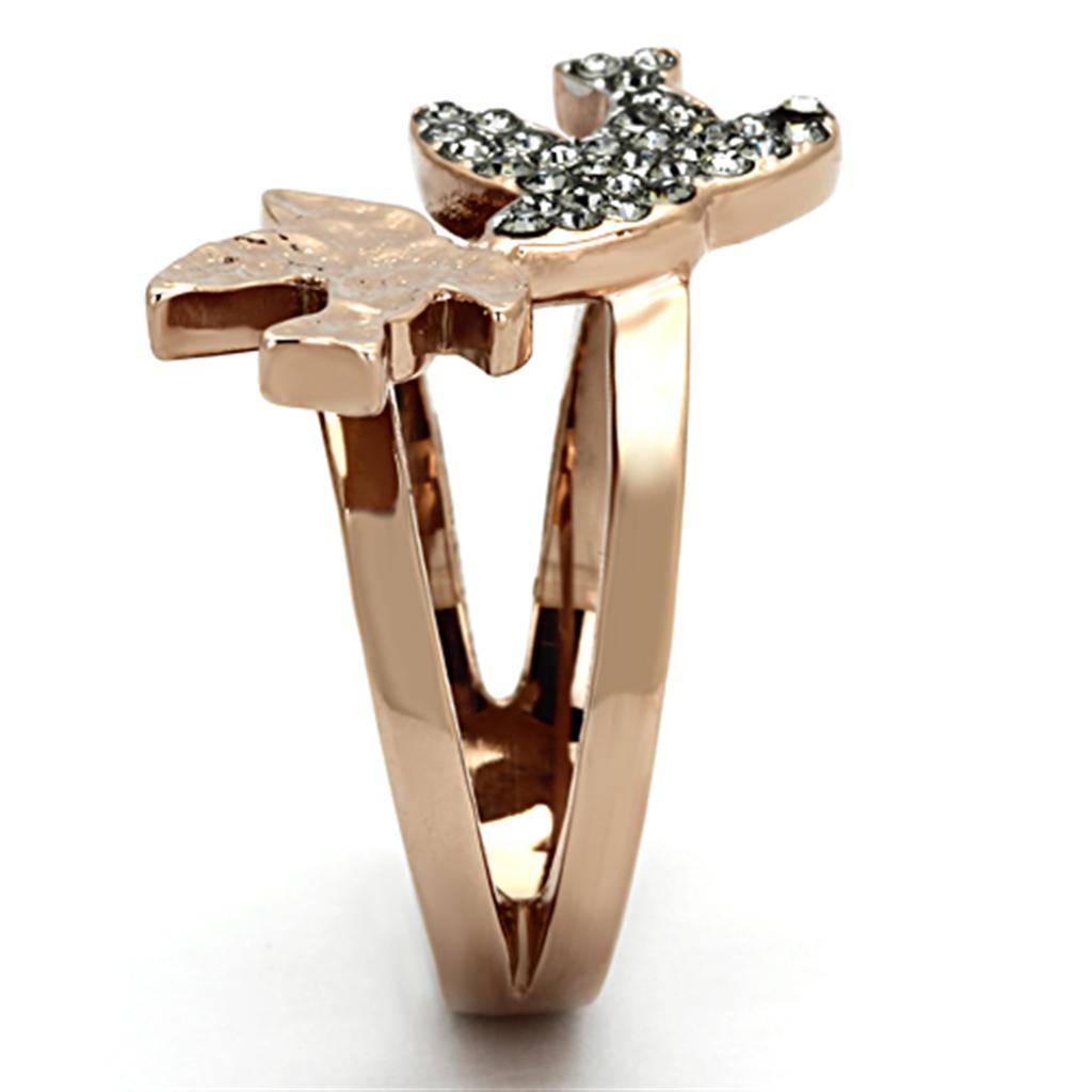 Two-Tone IP Rose Gold Stainless Steel Ring with Top Grade Crystal in Black Diamond