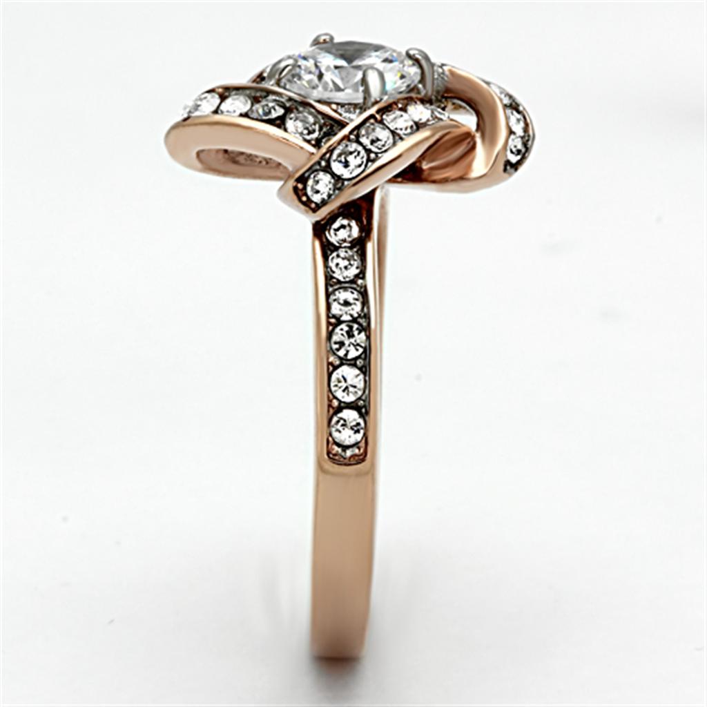 Two-Tone IP Rose Gold Stainless Steel Ring with AAA Grade CZ in Clear
