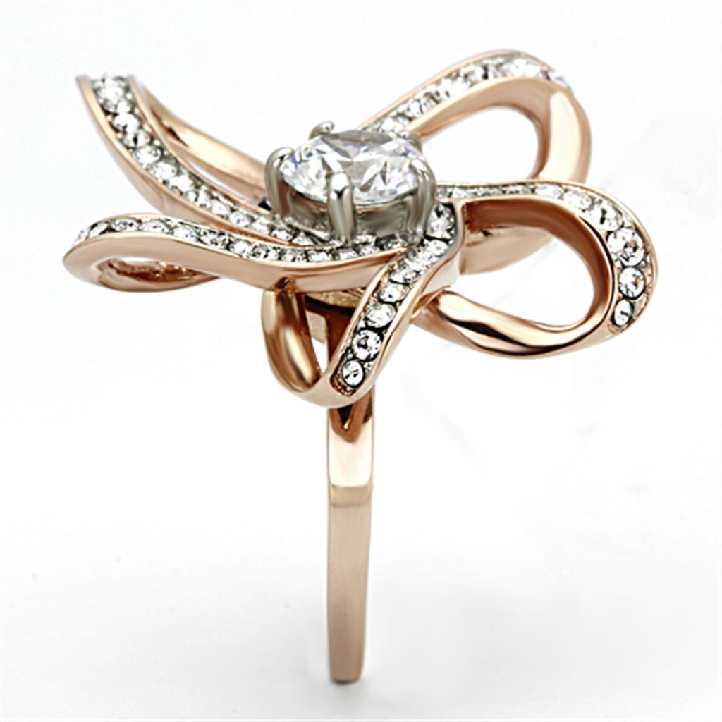 Two-Tone IP Rose Gold Stainless Steel Ring with AAA Grade CZ in Clear
