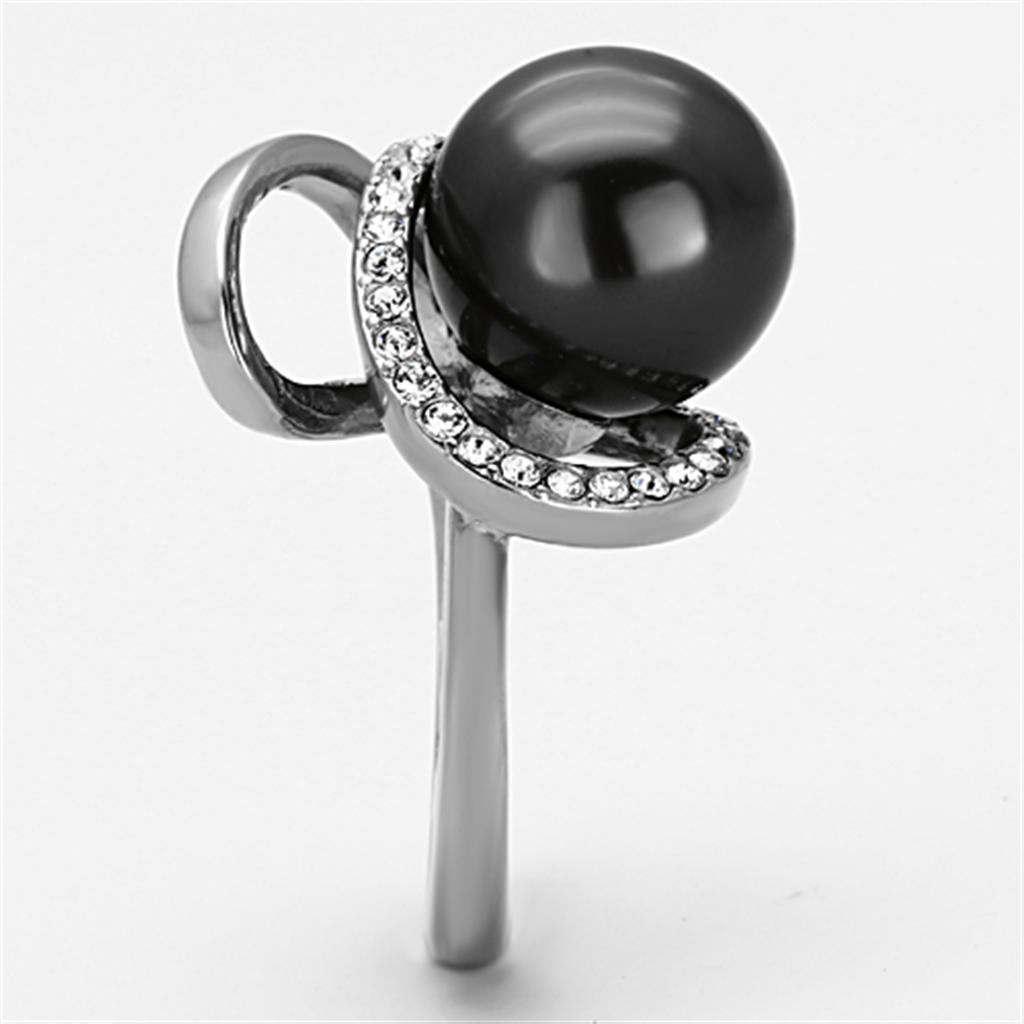 High polished (no plating) Stainless Steel Ring with Synthetic Pearl in Gray
