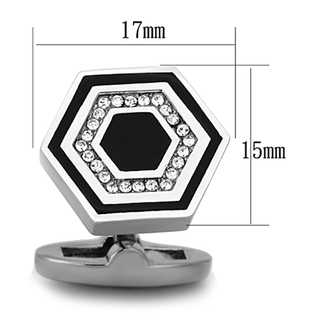 High polished (no plating) Stainless Steel Cufflink with Top Grade Crystal in Clear