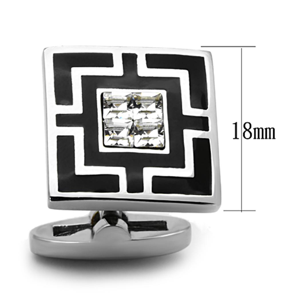 High polished (no plating) Stainless Steel Cufflink with Top Grade Crystal in Clear