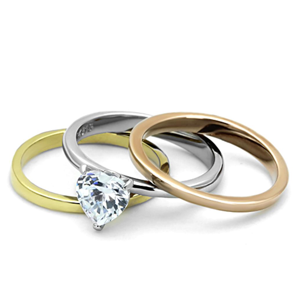 Three Tone (IP Gold & IP Rose Gold & High Polished) Stainless Steel Ring with AAA Grade CZ in Clear