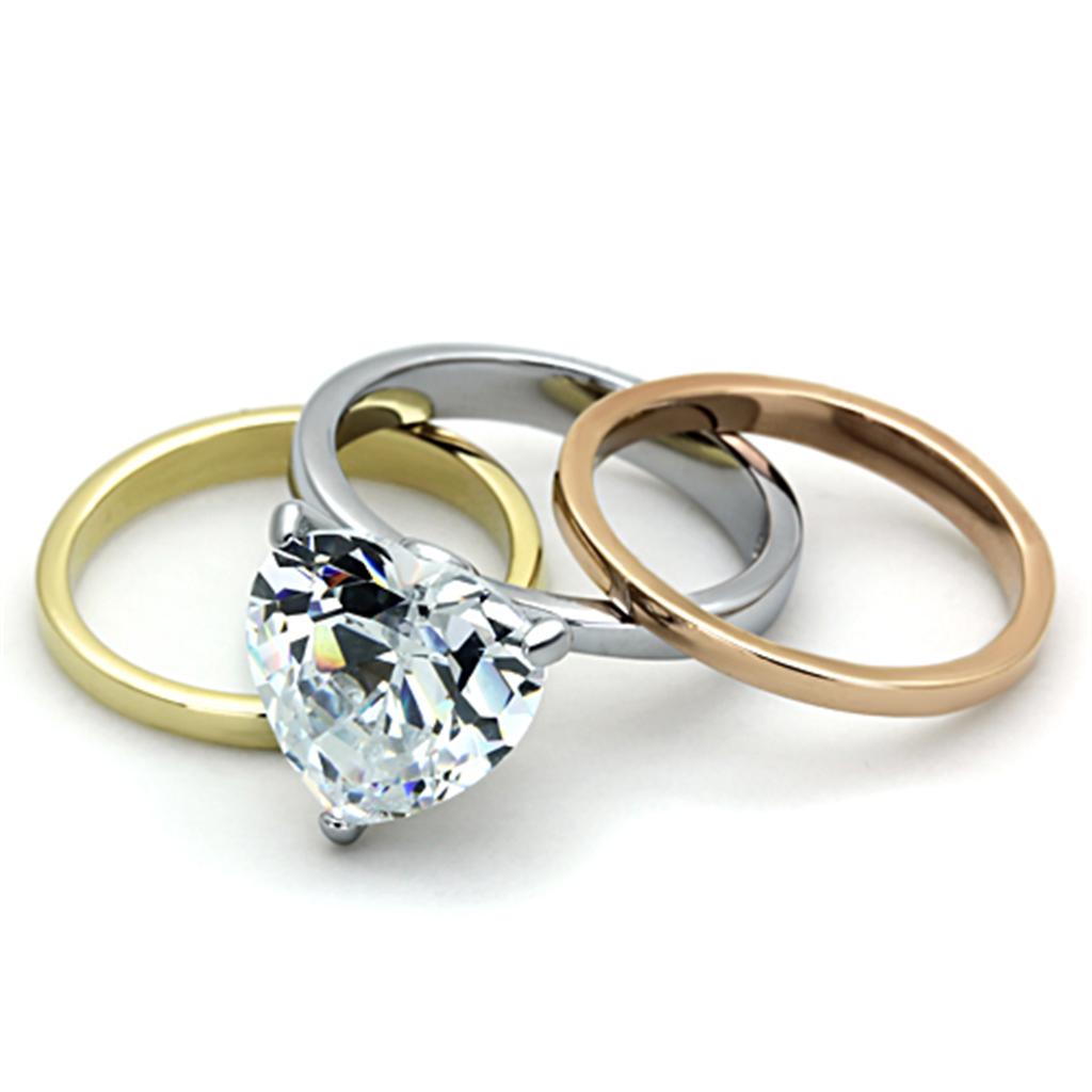 Three Tone (IP Gold & IP Rose Gold & High Polished) Stainless Steel Ring with AAA Grade CZ in Clear