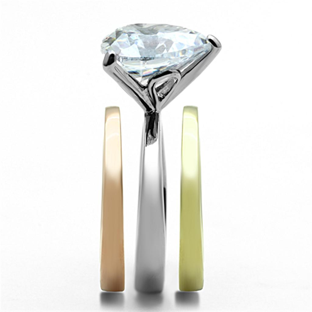 Three Tone (IP Gold & IP Rose Gold & High Polished) Stainless Steel Ring with AAA Grade CZ in Clear
