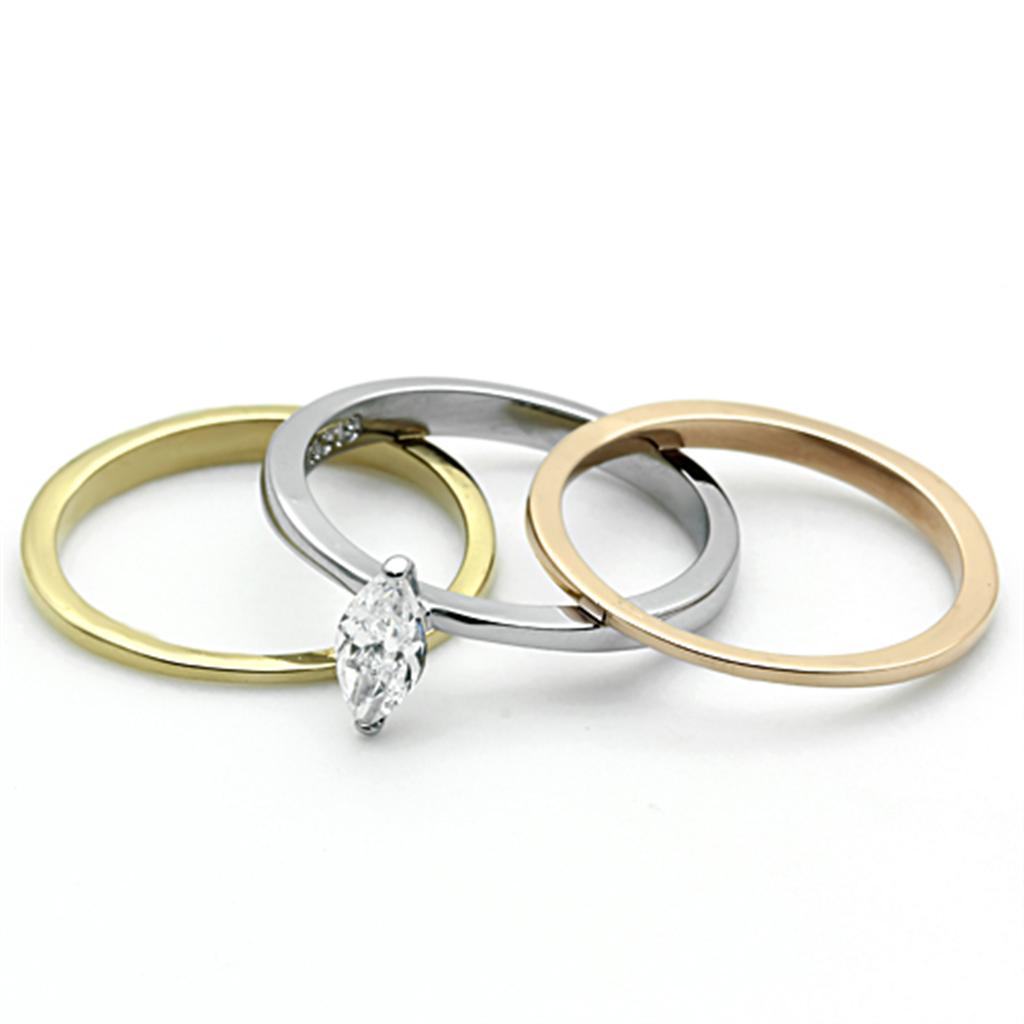 Three Tone (IP Gold & IP Rose Gold & High Polished) Stainless Steel Ring with AAA Grade CZ in Clear
