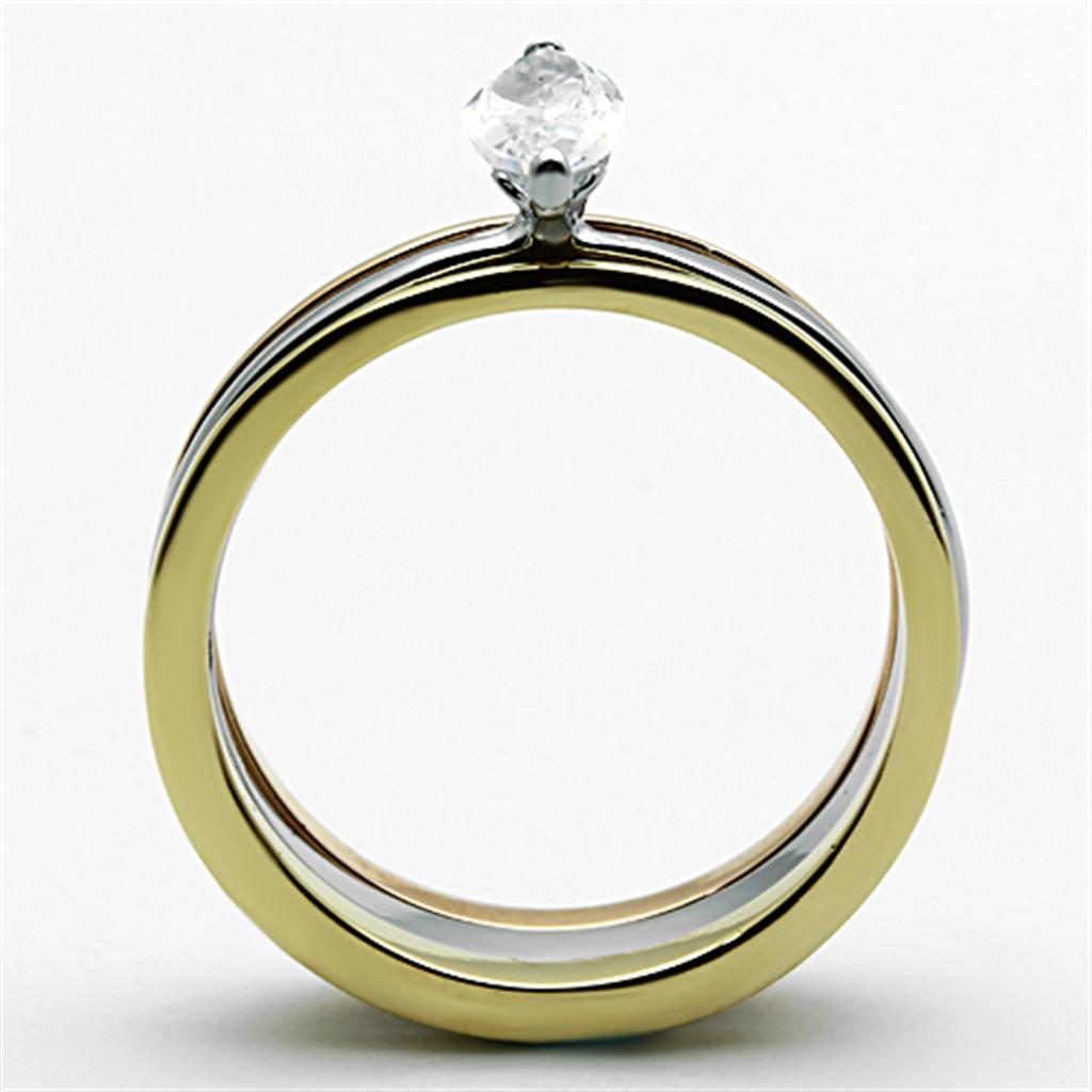 Three Tone (IP Gold & IP Rose Gold & High Polished) Stainless Steel Ring with AAA Grade CZ in Clear