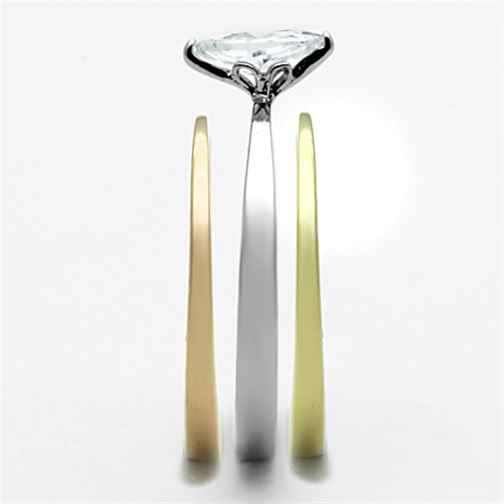 Three Tone (IP Gold & IP Rose Gold & High Polished) Stainless Steel Ring with AAA Grade CZ in Clear