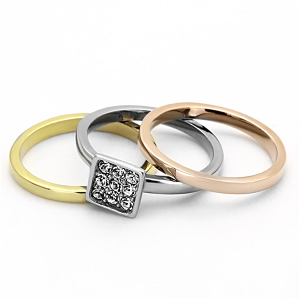 Three Tone (IP Gold & IP Rose Gold & High Polished) Stainless Steel Ring with Top Grade Crystal in Clear