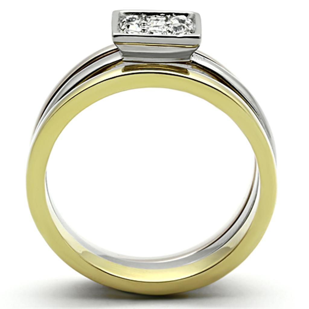 Three Tone (IP Gold & IP Rose Gold & High Polished) Stainless Steel Ring with Top Grade Crystal in Clear