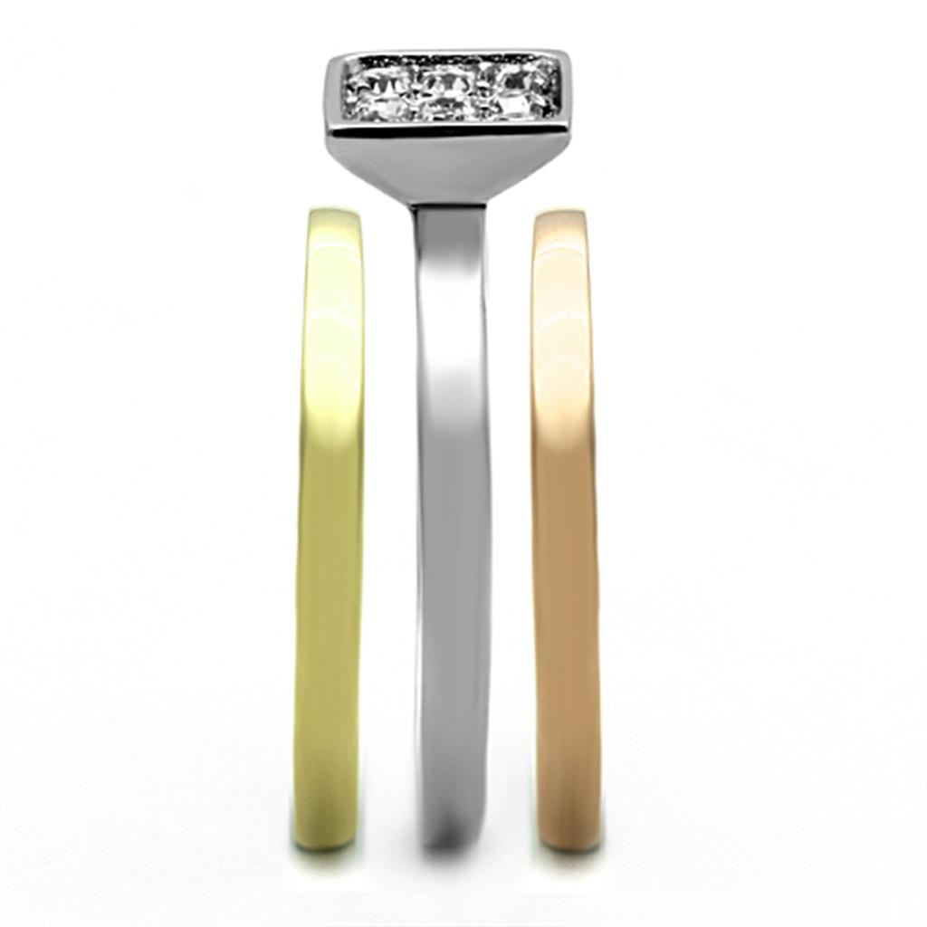 Three Tone (IP Gold & IP Rose Gold & High Polished) Stainless Steel Ring with Top Grade Crystal in Clear