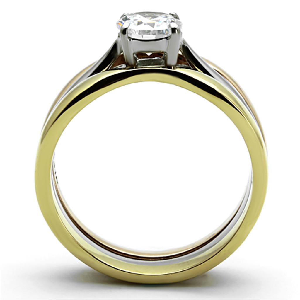 Three Tone (IP Gold & IP Rose Gold & High Polished) Stainless Steel Ring with AAA Grade CZ in Clear