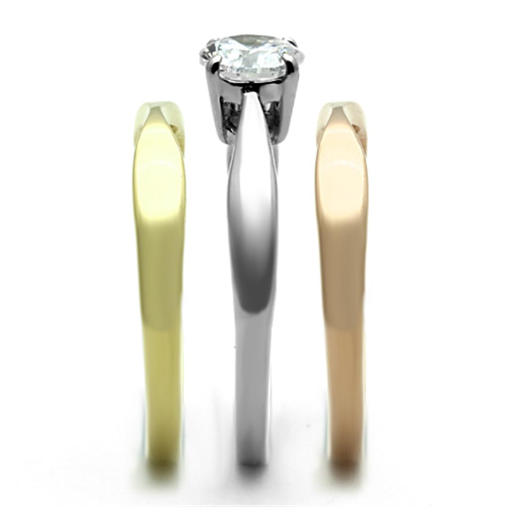 Three Tone (IP Gold & IP Rose Gold & High Polished) Stainless Steel Ring with AAA Grade CZ in Clear