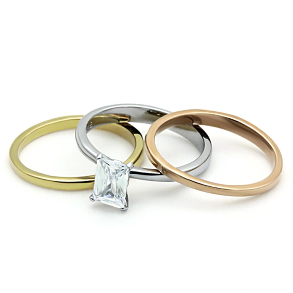 Three Tone (IP Gold & IP Rose Gold & High Polished) Stainless Steel Ring with AAA Grade CZ in Clear