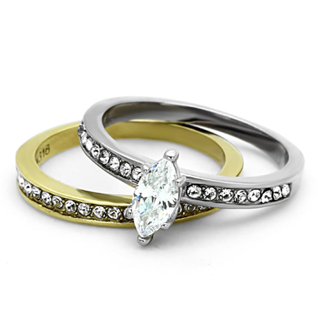 Two-Tone IP Gold (Ion Plating) Stainless Steel Ring with AAA Grade CZ in Clear