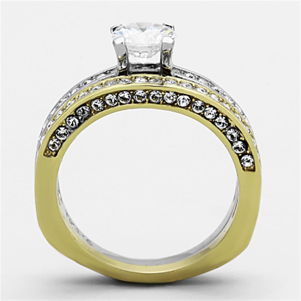 Two-Tone IP Gold (Ion Plating) Stainless Steel Ring with AAA Grade CZ in Clear