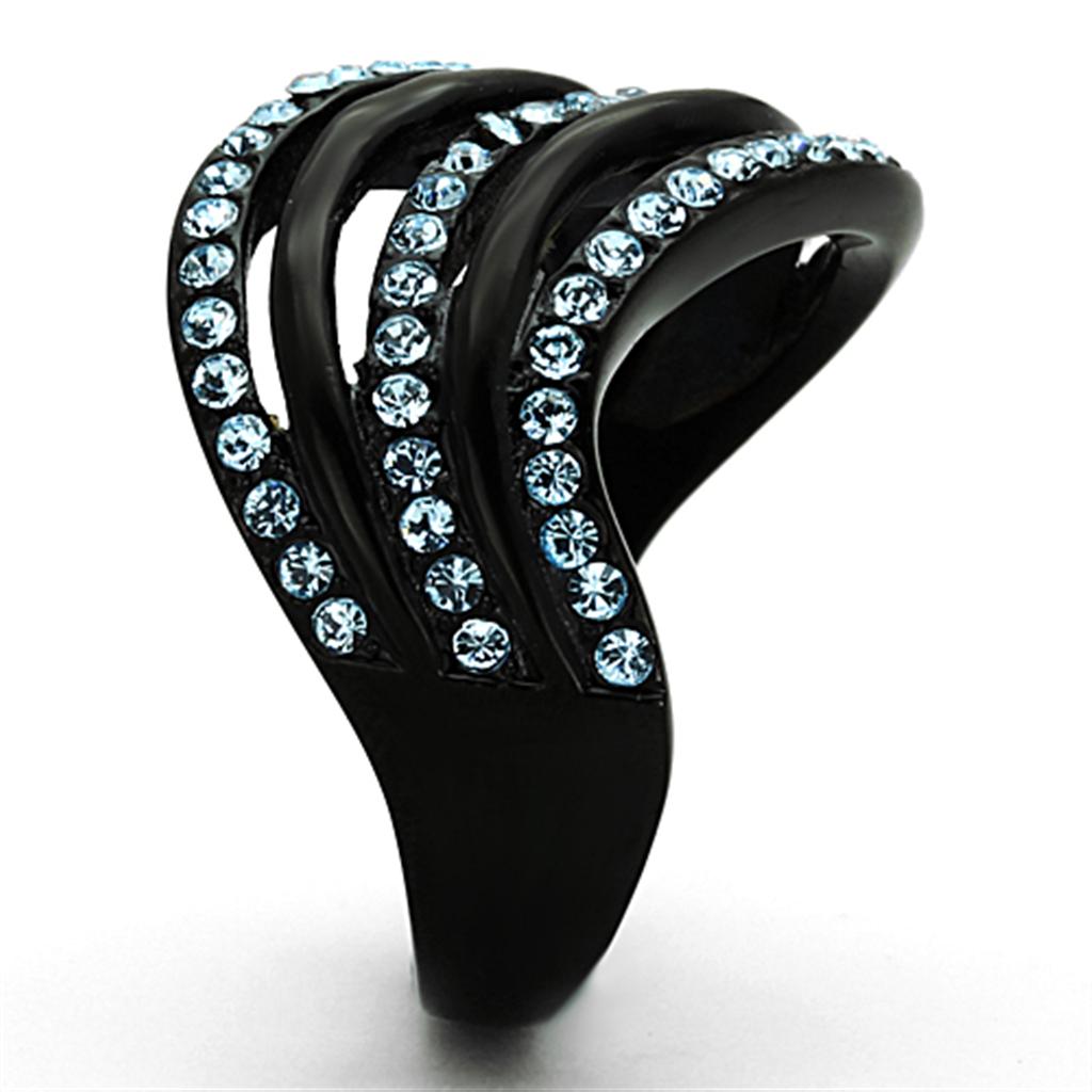 IP Black(Ion Plating) Stainless Steel Ring with Top Grade Crystal in Sea Blue