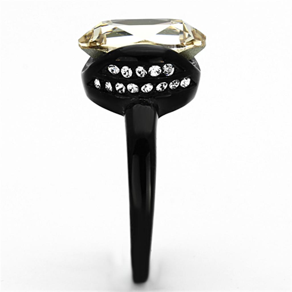 IP Black(Ion Plating) Stainless Steel Ring with Top Grade Crystal in Light Smoked