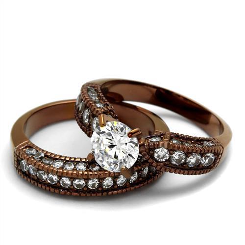 IP Coffee light Stainless Steel Ring with AAA Grade CZ in Clear