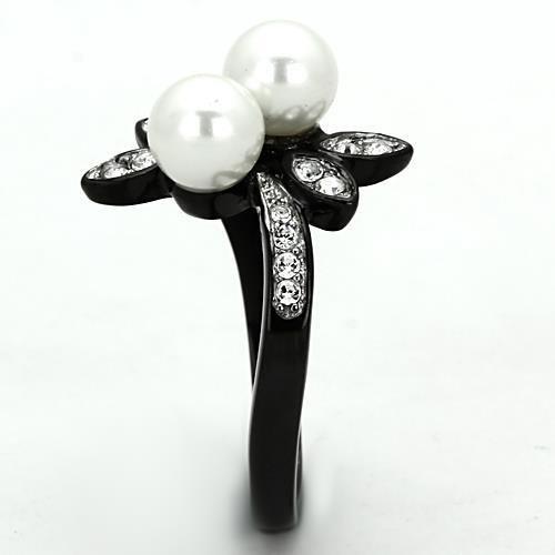 Two-Tone IP Black (Ion Plating) Stainless Steel Ring with Synthetic Pearl in White