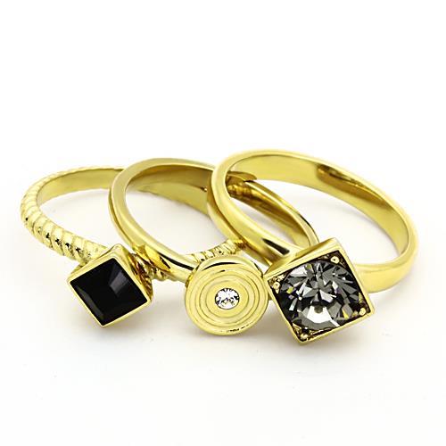 IP Gold(Ion Plating) Stainless Steel Ring with Top Grade Crystal in Jet