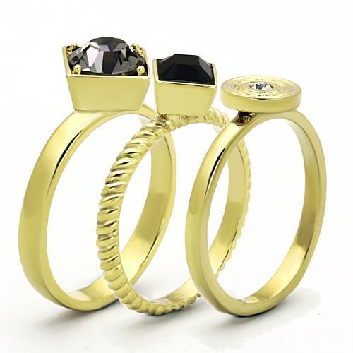 IP Gold(Ion Plating) Stainless Steel Ring with Top Grade Crystal in Jet
