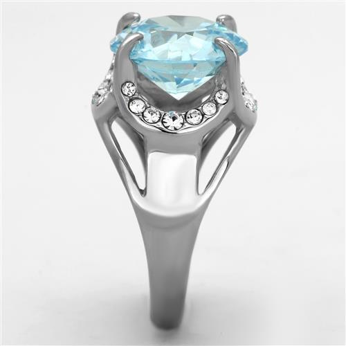 High polished (no plating) Stainless Steel Ring with AAA Grade CZ in Sea Blue