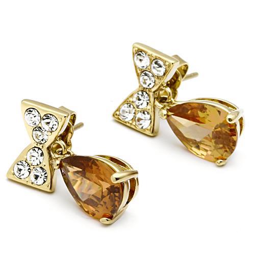 IP Gold(Ion Plating) Stainless Steel Earrings with AAA Grade CZ in Champagne