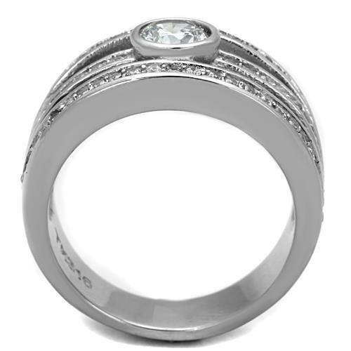 High polished (no plating) Stainless Steel Ring with AAA Grade CZ in Clear