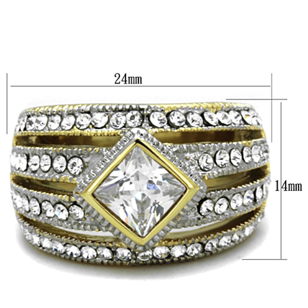 Two-Tone IP Gold (Ion Plating) Stainless Steel Ring with AAA Grade CZ in Clear