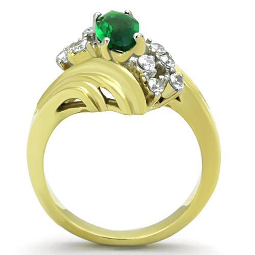 Two-Tone IP Gold (Ion Plating) Stainless Steel Ring with Synthetic Synthetic Glass in Emerald