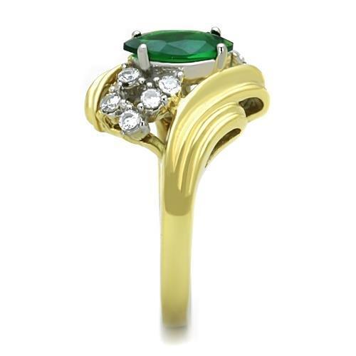 Two-Tone IP Gold (Ion Plating) Stainless Steel Ring with Synthetic Synthetic Glass in Emerald