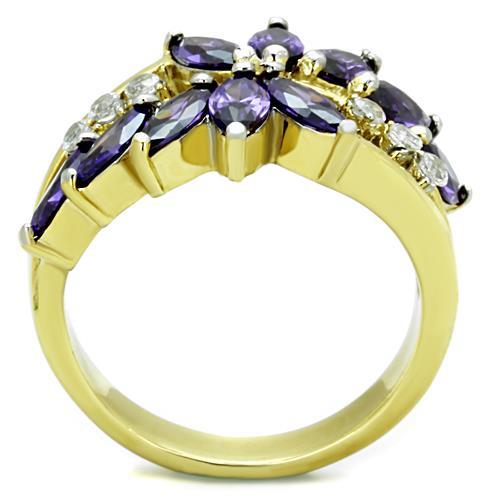 Two-Tone IP Gold (Ion Plating) Stainless Steel Ring with AAA Grade CZ in Amethyst