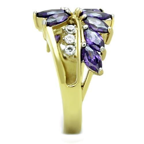 Two-Tone IP Gold (Ion Plating) Stainless Steel Ring with AAA Grade CZ in Amethyst