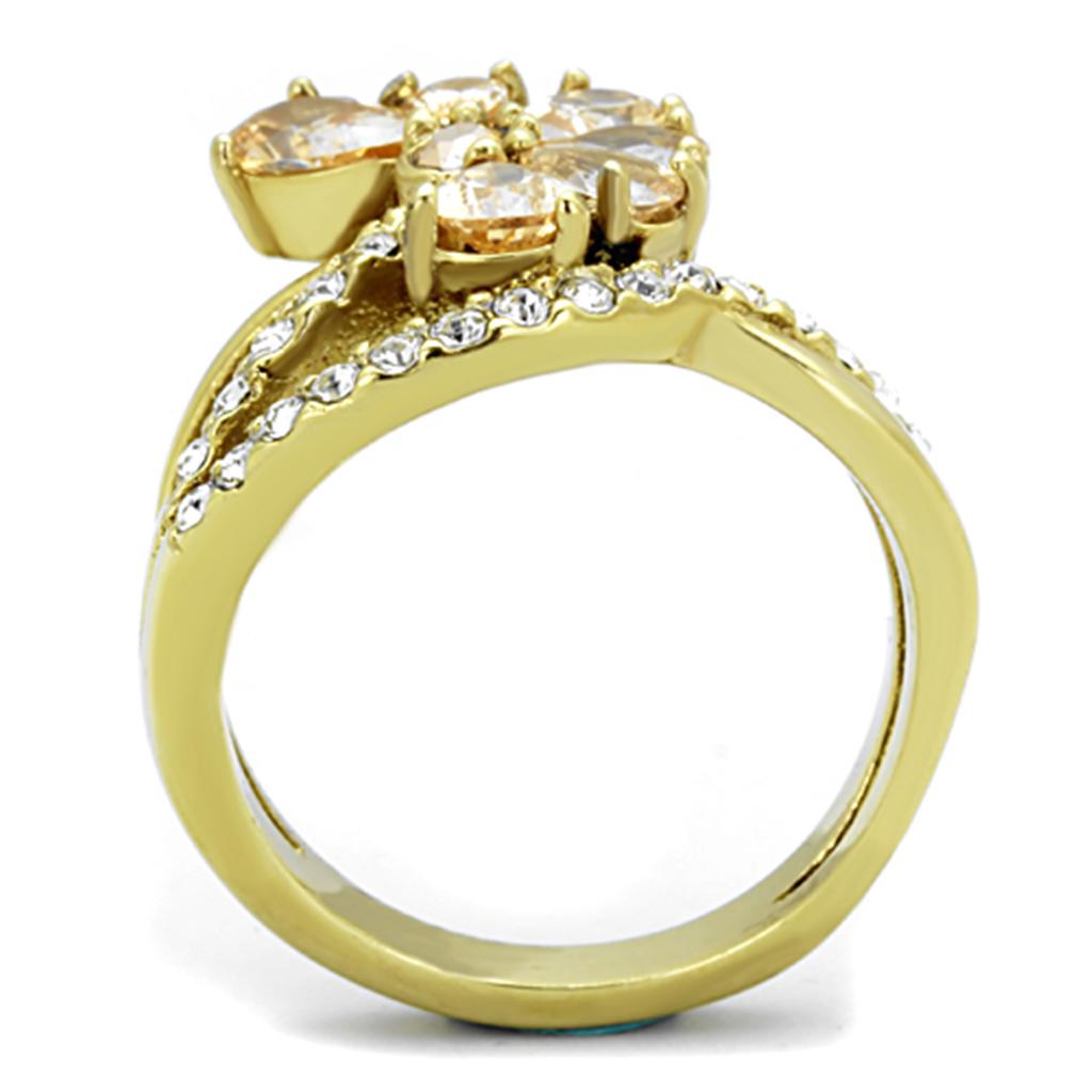 IP Gold(Ion Plating) Stainless Steel Ring with AAA Grade CZ in Champagne