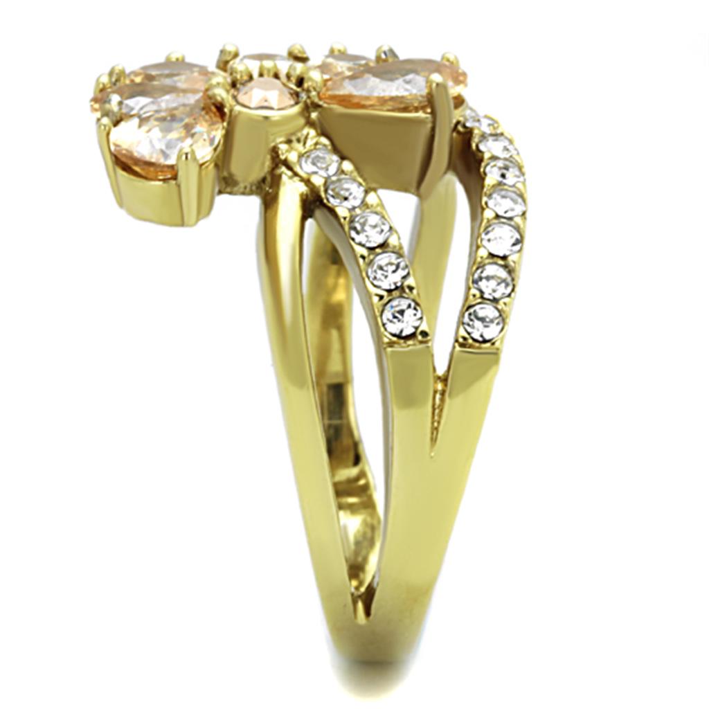 IP Gold(Ion Plating) Stainless Steel Ring with AAA Grade CZ in Champagne