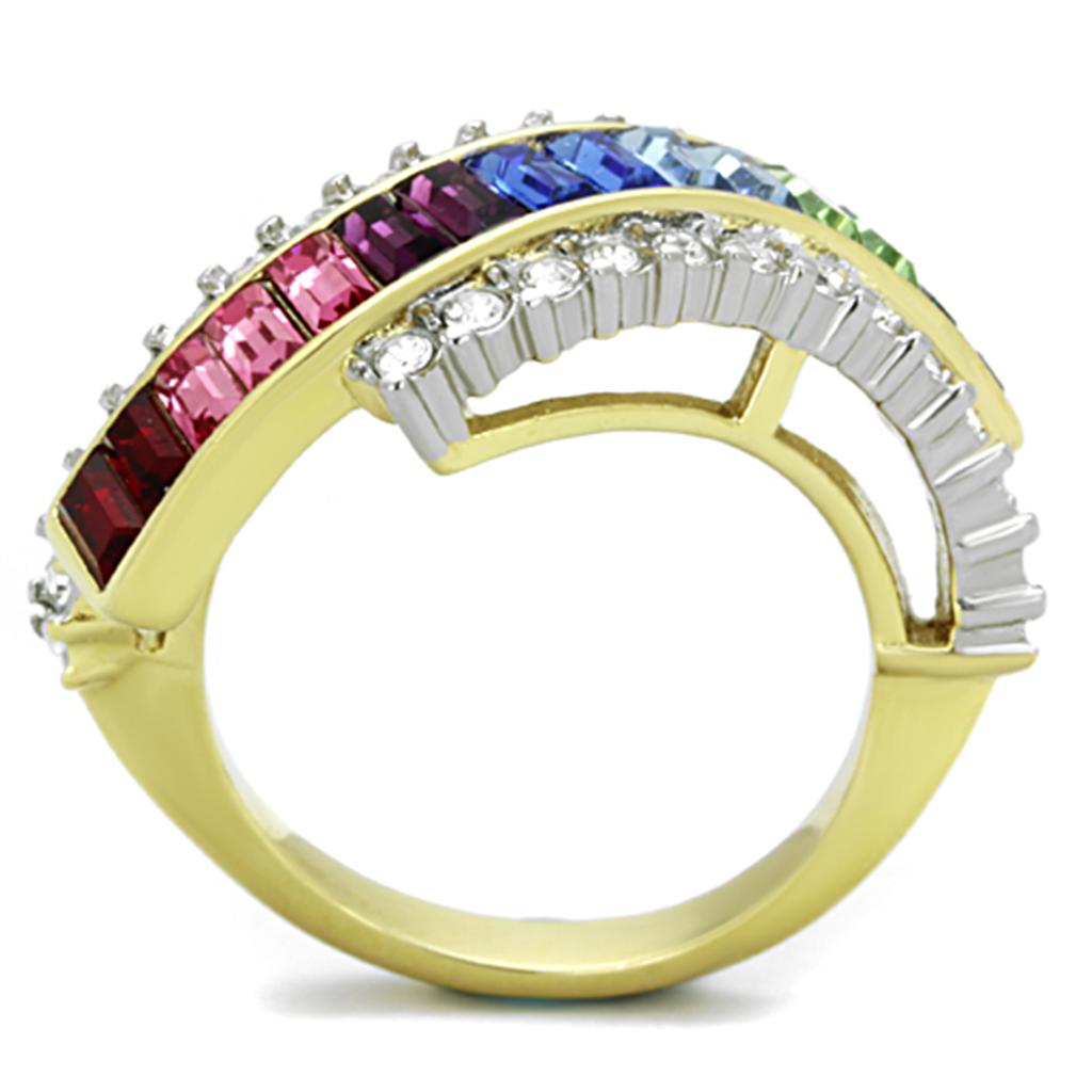 Two-Tone IP Gold (Ion Plating) Stainless Steel Ring with Top Grade Crystal in Multi Color