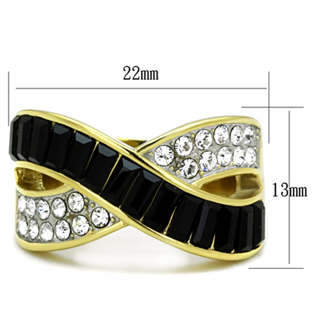 Two-Tone IP Gold (Ion Plating) Stainless Steel Ring with Top Grade Crystal in Jet