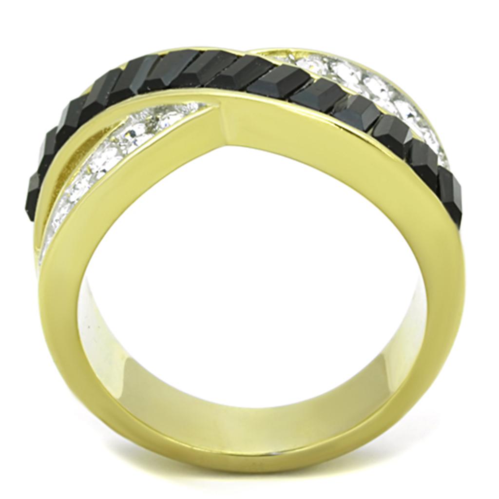 Two-Tone IP Gold (Ion Plating) Stainless Steel Ring with Top Grade Crystal in Jet