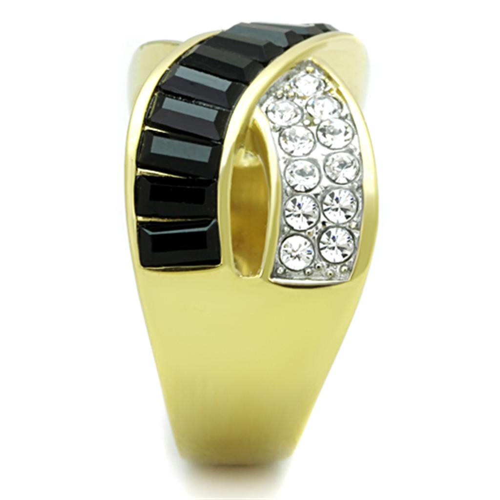 Two-Tone IP Gold (Ion Plating) Stainless Steel Ring with Top Grade Crystal in Jet