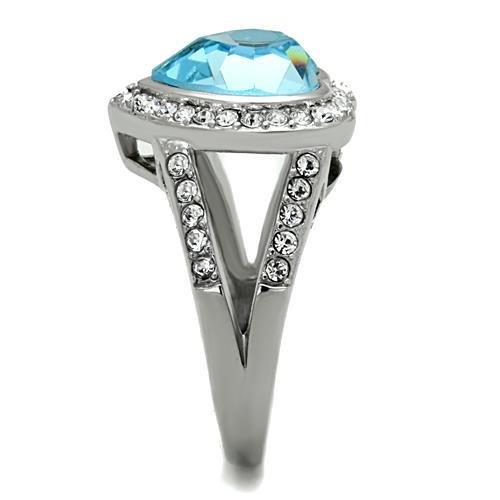High polished (no plating) Stainless Steel Ring with Top Grade Crystal in Sea Blue