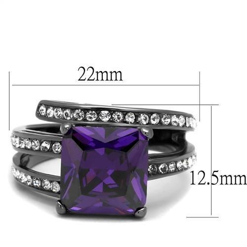 IP Light Black (IP Gun) Stainless Steel Ring with AAA Grade CZ in Amethyst