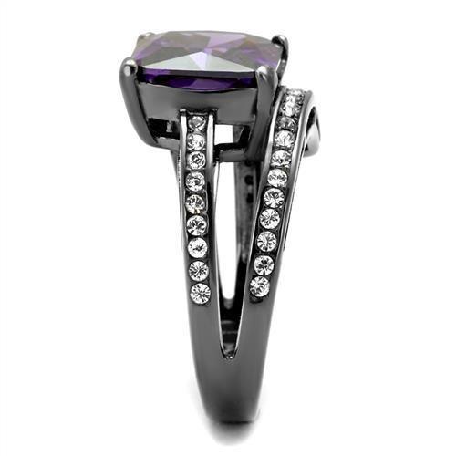 IP Light Black (IP Gun) Stainless Steel Ring with AAA Grade CZ in Amethyst