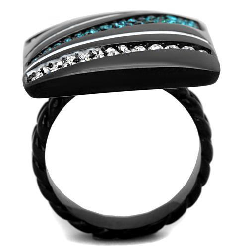 IP Black(Ion Plating) Stainless Steel Ring with Top Grade Crystal in Blue Zircon
