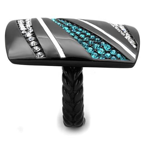 IP Black(Ion Plating) Stainless Steel Ring with Top Grade Crystal in Blue Zircon
