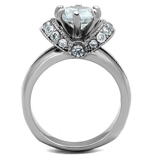High polished (no plating) Stainless Steel Ring with AAA Grade CZ in Clear