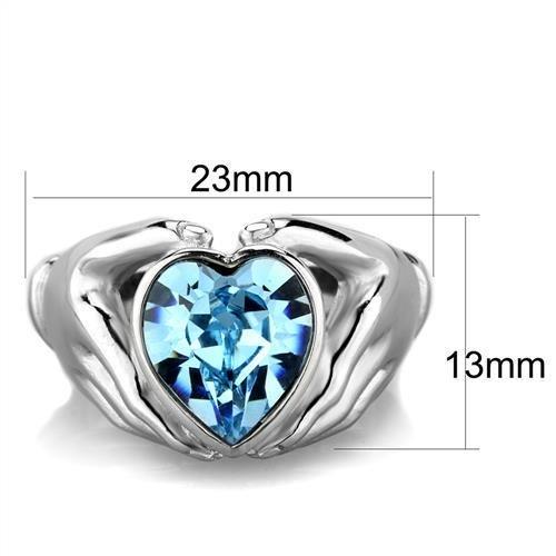 High polished (no plating) Stainless Steel Ring with Top Grade Crystal in Sea Blue