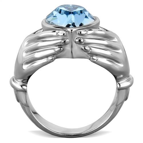 High polished (no plating) Stainless Steel Ring with Top Grade Crystal in Sea Blue