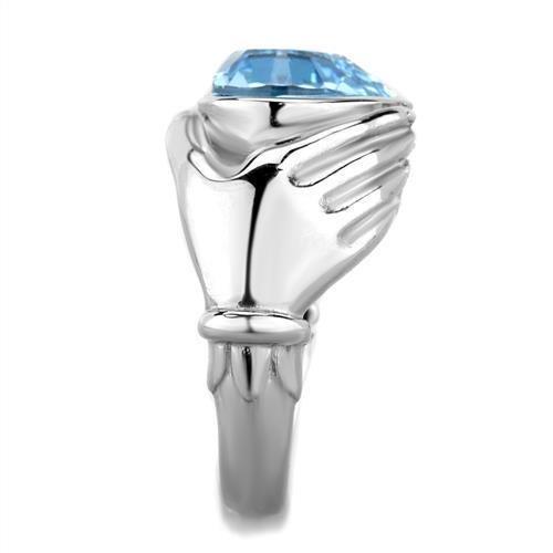 High polished (no plating) Stainless Steel Ring with Top Grade Crystal in Sea Blue